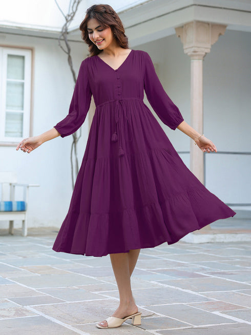 Purple Rayon Solid Tiered Dress